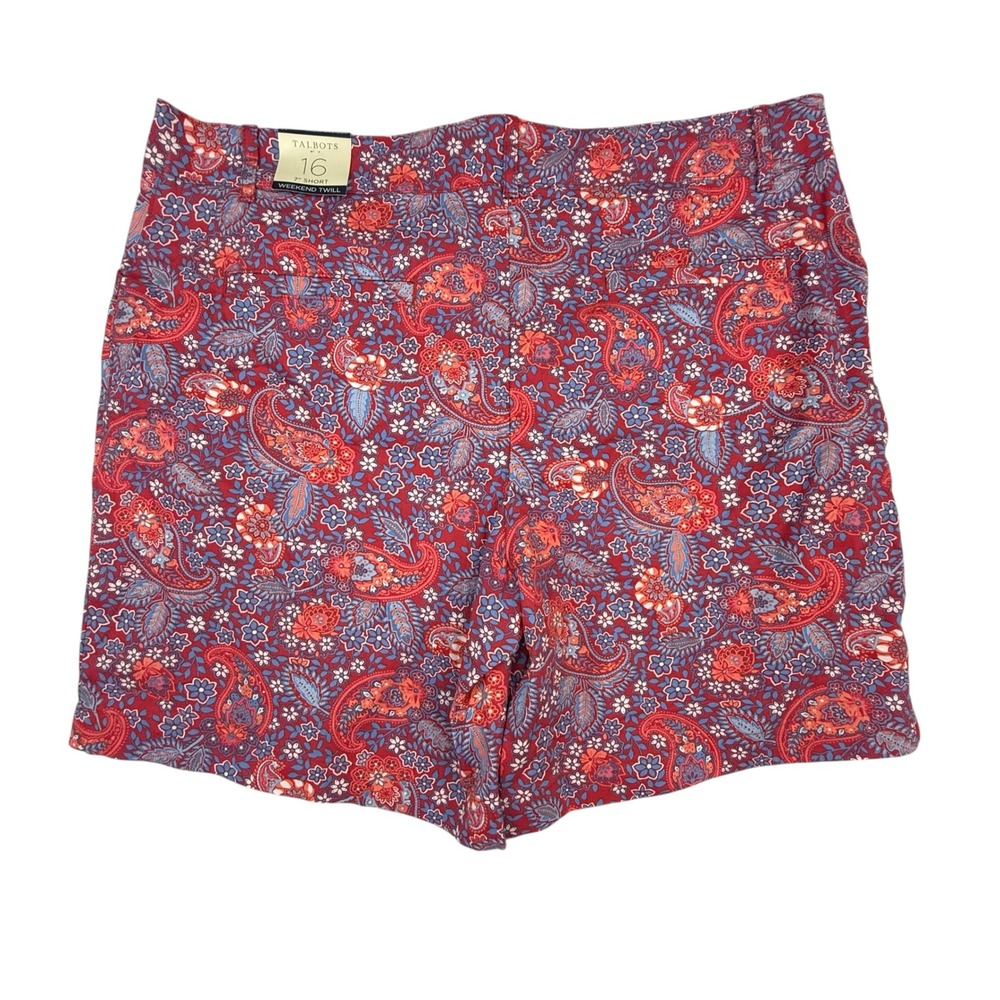 Talbots Shorts Women 16 Red Paisley Floral Weekend Twill Cotton Stretch 7 Inch - Picture 2 of 12